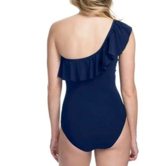 Gottex Sz 10 Swimsuit One Shoulder Ruffle Neck Blue One Piece New NWT - Picture 2 of 5